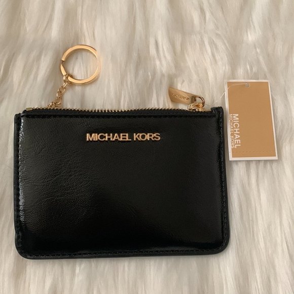 MICHAEL KORS Crinkle Patent Leather Coin, Card, Key Wallet in Black - Picture 1 of 2